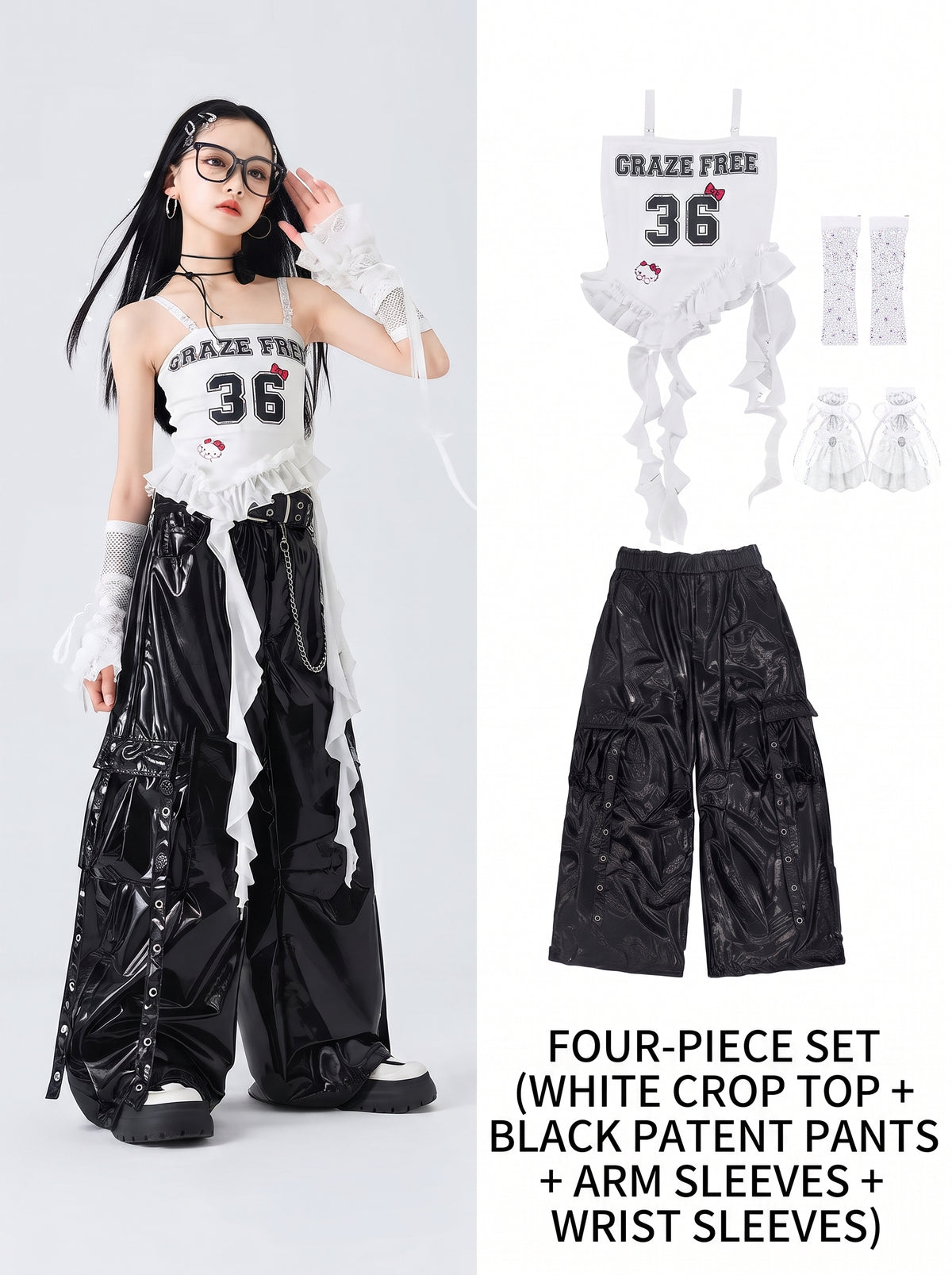 Costumes Girls Kpop Stage Performance Wear Black Bright Leather Shuffle Pants White