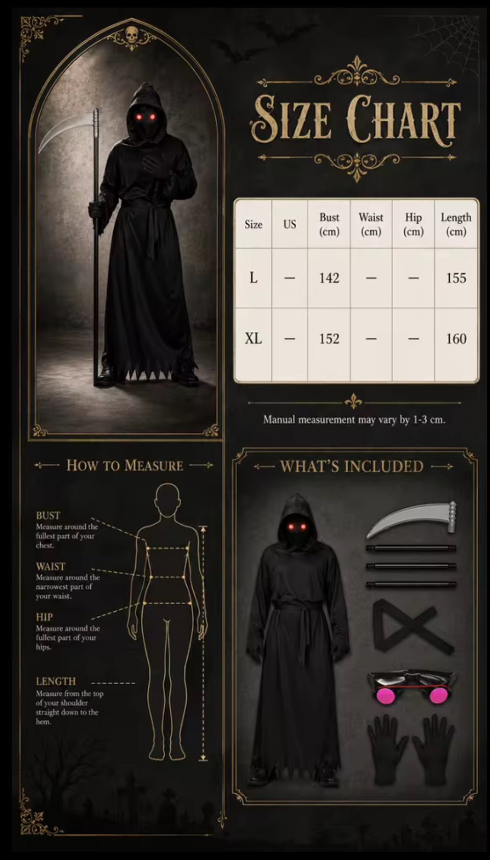 Glowing Red Eyes Hooded Grim Reaper Costume w/ Scythe Gloves Belt Plus Size(L)