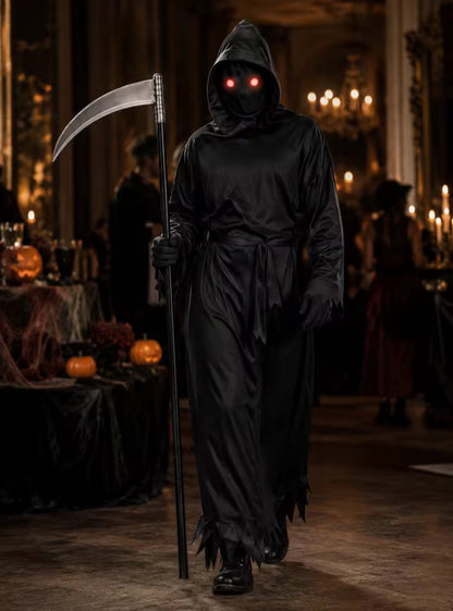 Glowing Red Eyes Hooded Grim Reaper Costume w/ Scythe Gloves Belt Plus Size(L)
