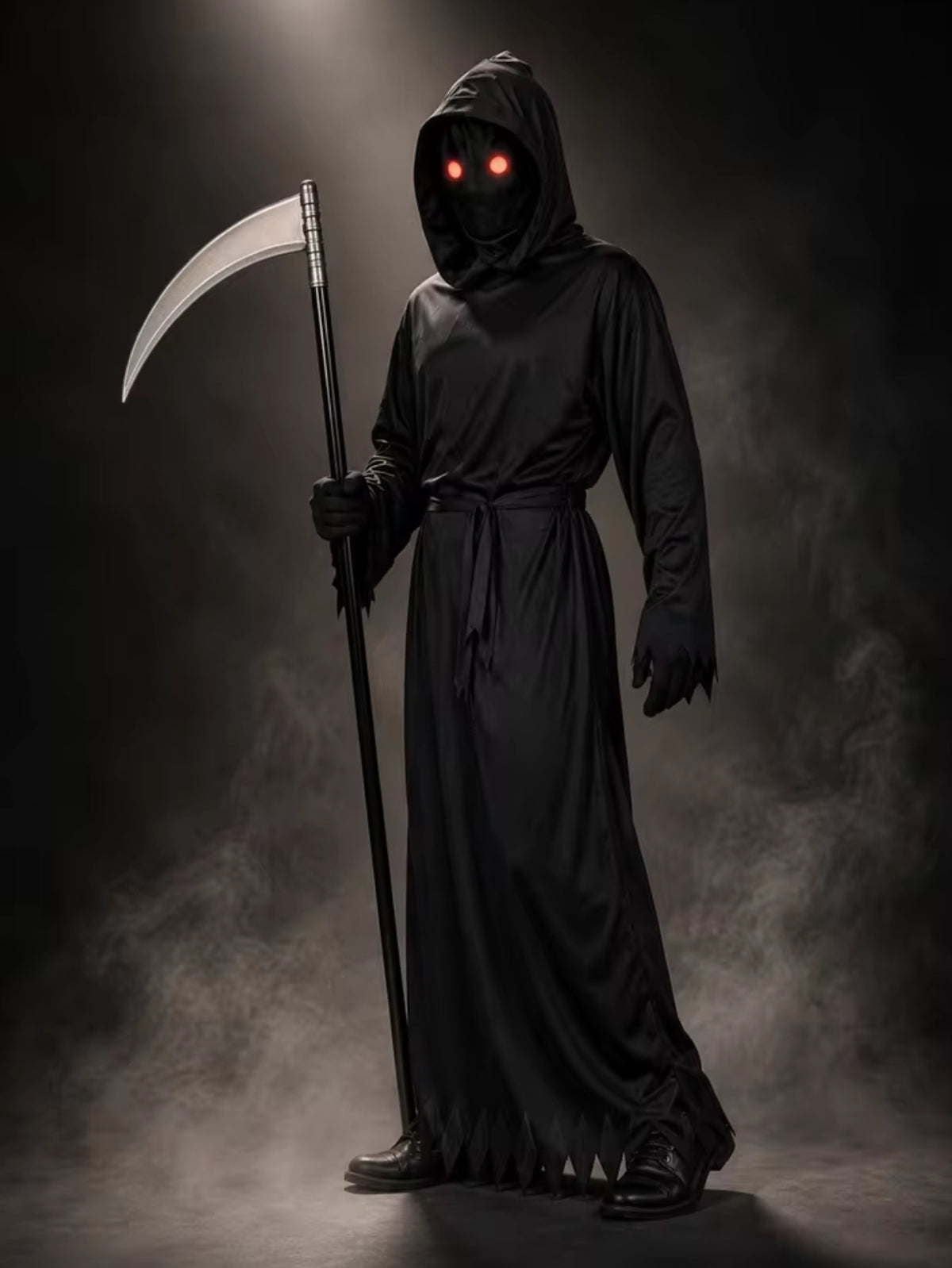 Glowing Red Eyes Hooded Grim Reaper Costume w/ Scythe Gloves Belt Plus Size(L)