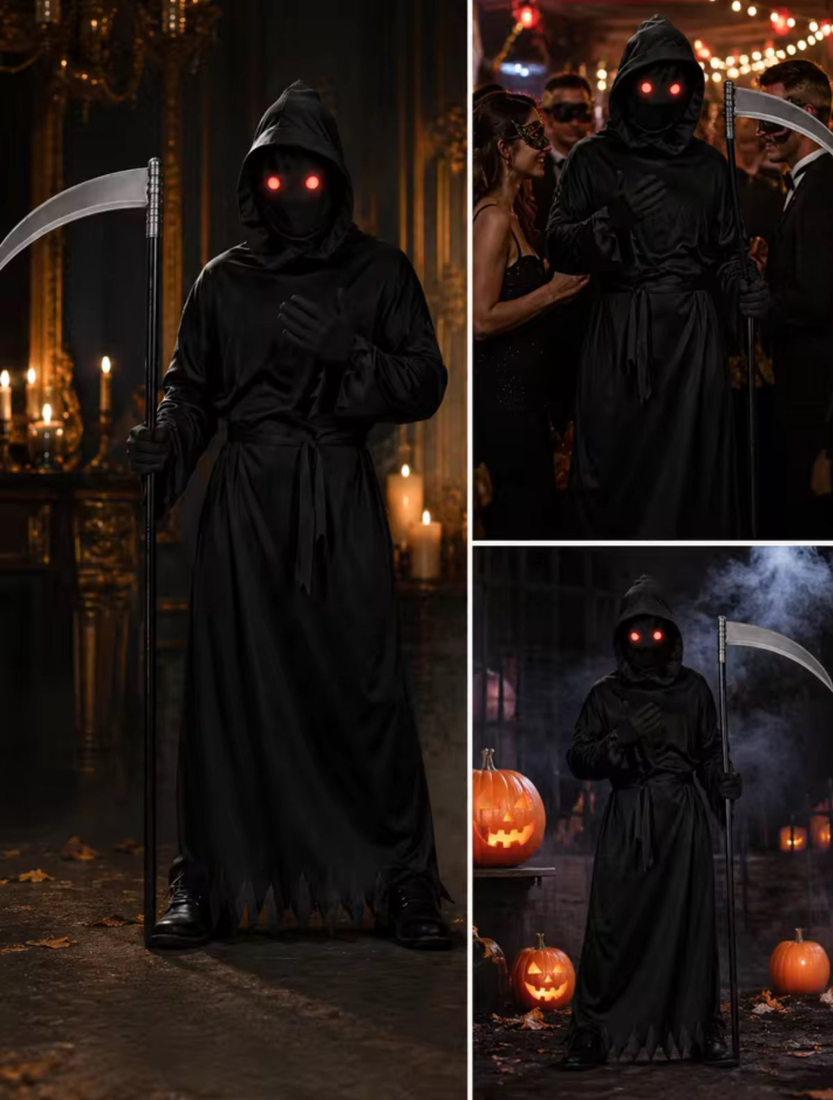 Glowing Red Eyes Hooded Grim Reaper Costume w/ Scythe Gloves Belt Plus Size(L)