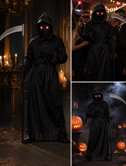 Glowing Red Eyes Hooded Grim Reaper Costume w/ Scythe Gloves Belt Plus Size(L)