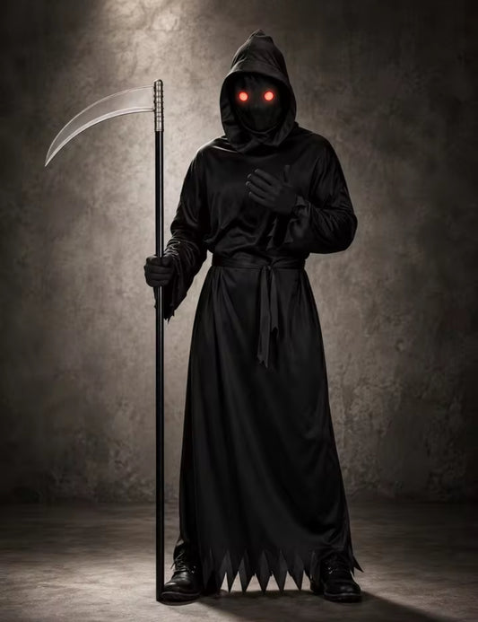 Glowing Red Eyes Hooded Grim Reaper Costume w/ Scythe Gloves Belt Plus Size(L)