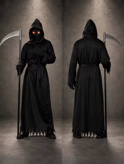 Glowing Red Eyes Hooded Grim Reaper Costume w/ Scythe Gloves Belt Plus Size(L)