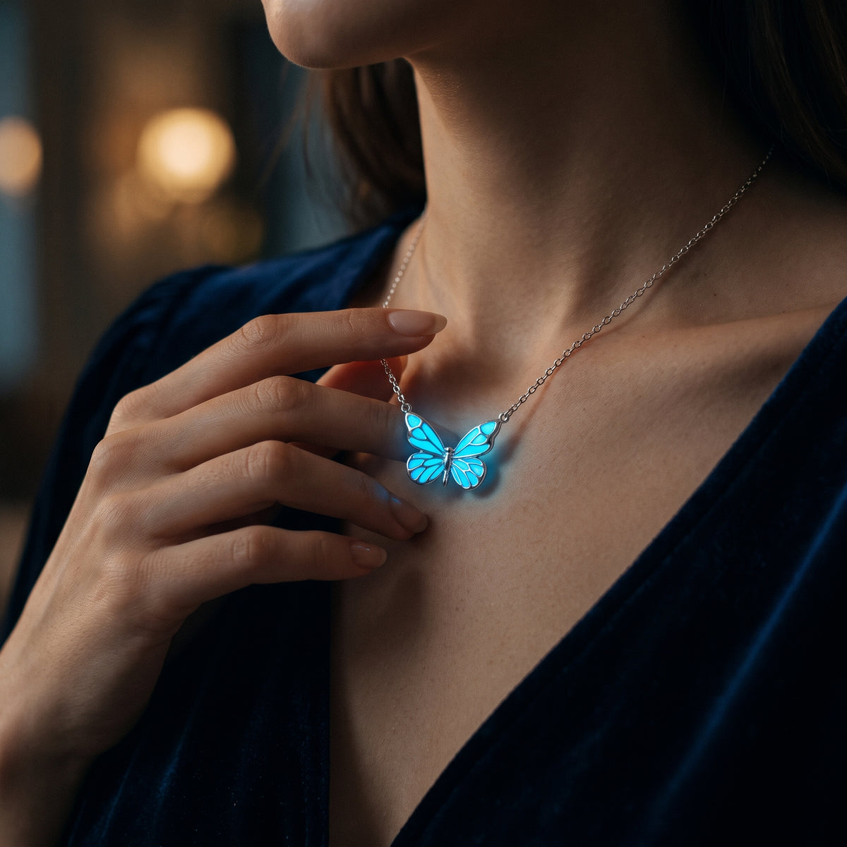 Luminous Blue Butterfly Necklace