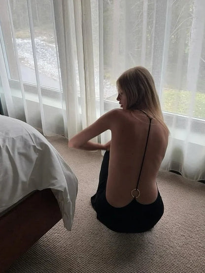 Backless Maxi Dress Open Back Spaghetti Strap Gold Ring Evening Party Gown Summer Beach Dress