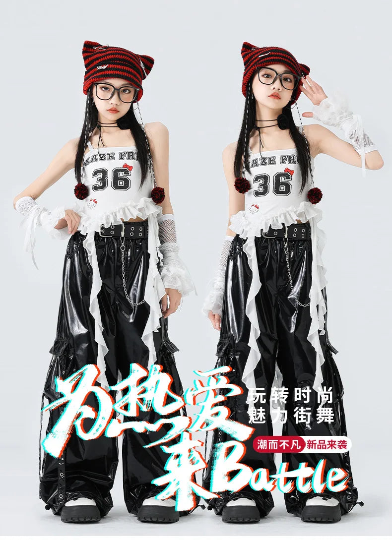 Costumes Girls Kpop Stage Performance Wear Black Bright Leather Shuffle Pants White