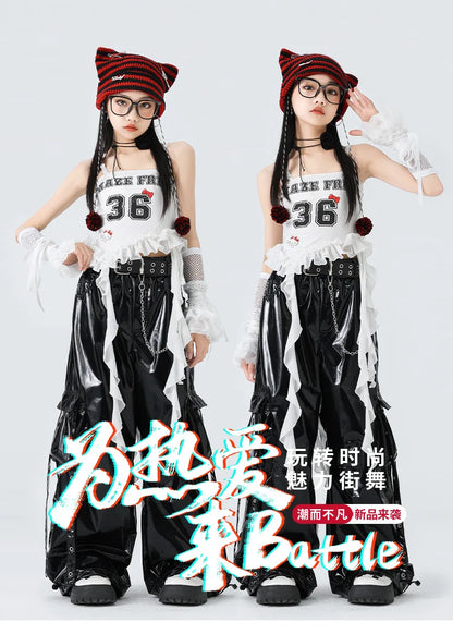 Costumes Girls Kpop Stage Performance Wear Black Bright Leather Shuffle Pants White