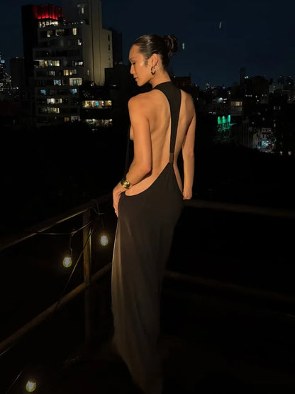 Backless Maxi Dress Open Back Spaghetti Strap Gold Ring Evening Party Gown Summer Beach Dress