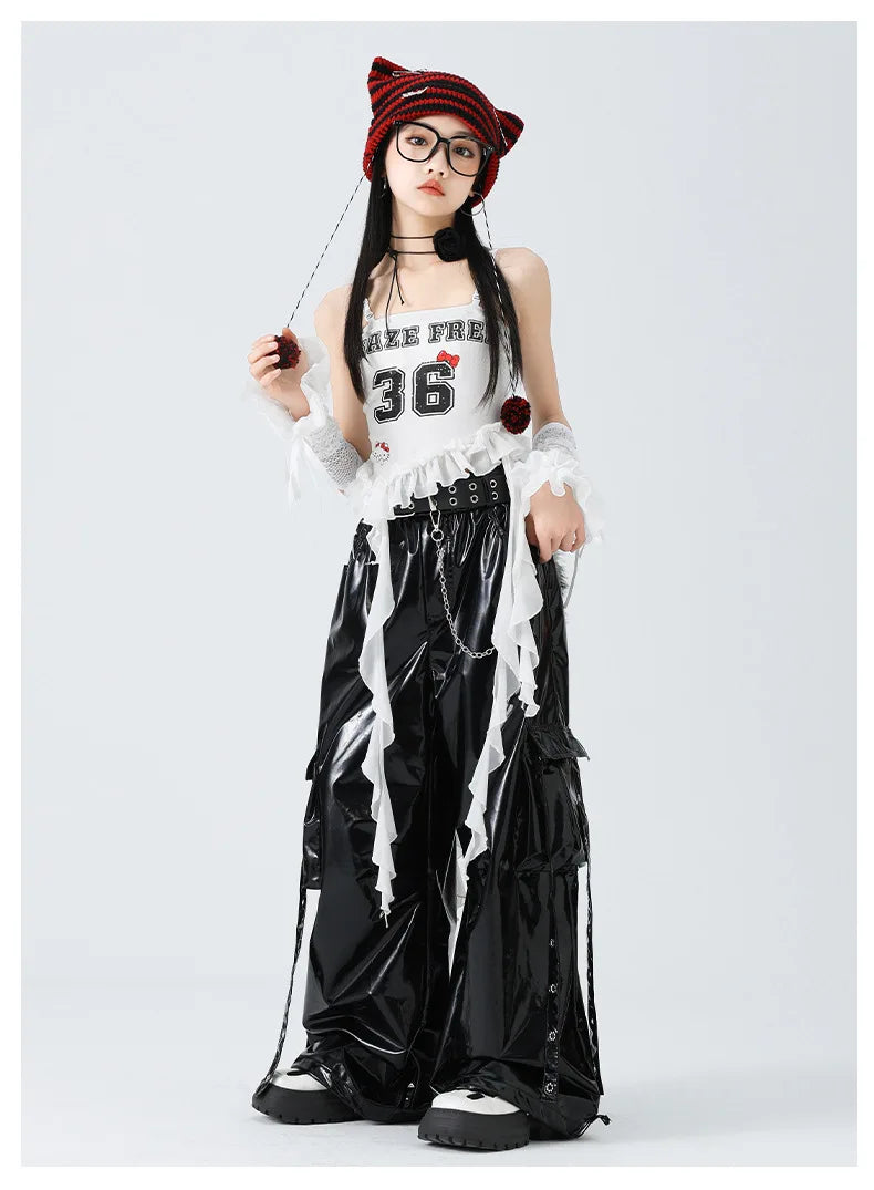 Costumes Girls Kpop Stage Performance Wear Black Bright Leather Shuffle Pants White