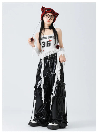 Costumes Girls Kpop Stage Performance Wear Black Bright Leather Shuffle Pants White