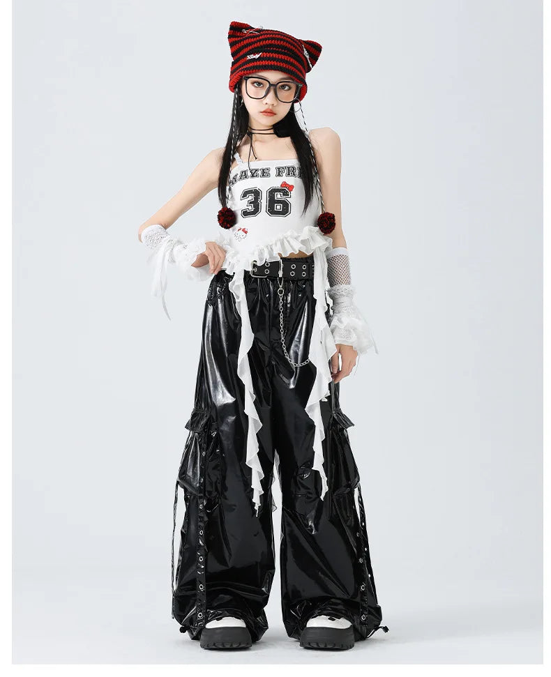 Costumes Girls Kpop Stage Performance Wear Black Bright Leather Shuffle Pants White