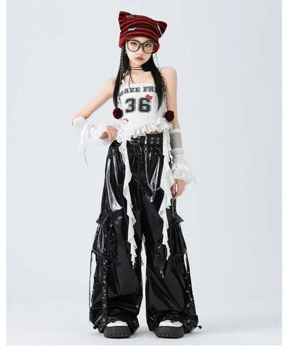 Costumes Girls Kpop Stage Performance Wear Black Bright Leather Shuffle Pants White