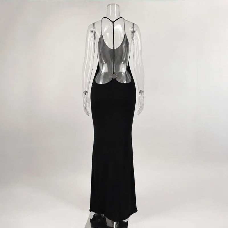 Backless Maxi Dress Open Back Spaghetti Strap Gold Ring Evening Party Gown Summer Beach Dress