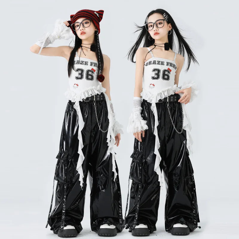 Costumes Girls Kpop Stage Performance Wear Black Bright Leather Shuffle Pants White
