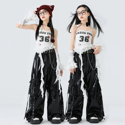 Costumes Girls Kpop Stage Performance Wear Black Bright Leather Shuffle Pants White