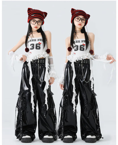 Costumes Girls Kpop Stage Performance Wear Black Bright Leather Shuffle Pants White
