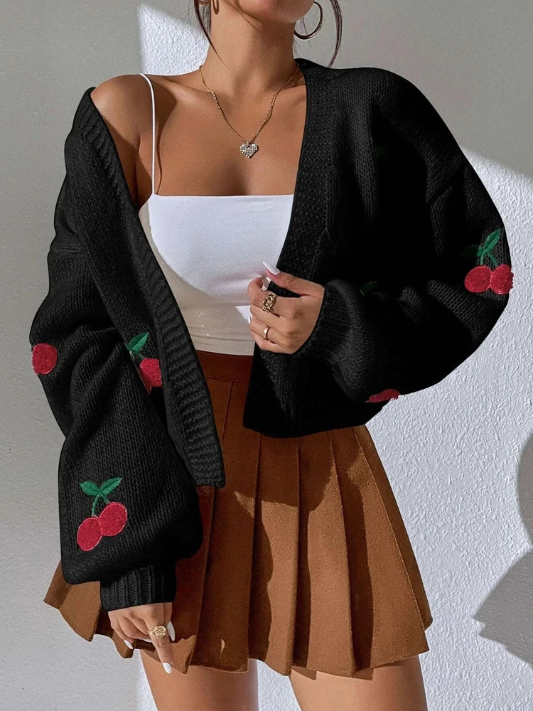 Women Loose Fit Heavyweight Knit Cardigan Cartoon Embroidered Winter Jacke