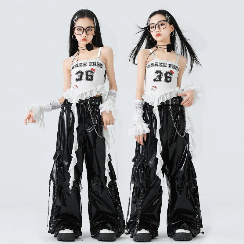 Costumes Girls Kpop Stage Performance Wear Black Bright Leather Shuffle Pants White
