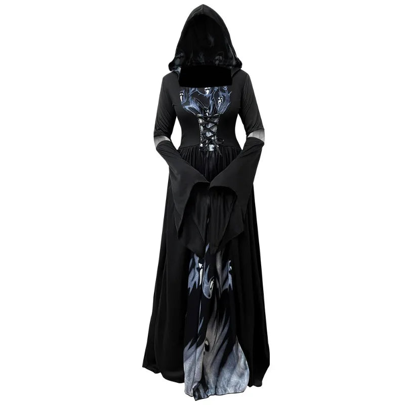 Halloween Witch Dress Hooded Skull Witch Mage Cosplay Stage Costume