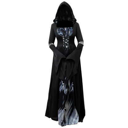 Halloween Witch Dress Hooded Skull Witch Mage Cosplay Stage Costume