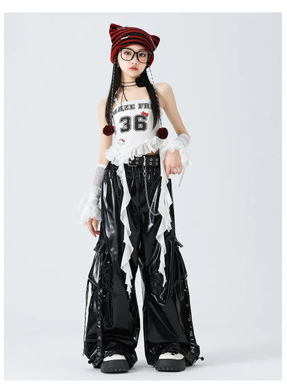 Costumes Girls Kpop Stage Performance Wear Black Bright Leather Shuffle Pants White