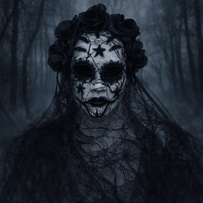 Gothic Bride Skull Mask, Black Veil & Rose Decorated Full Face Mask for Halloween, Cosplay and Party