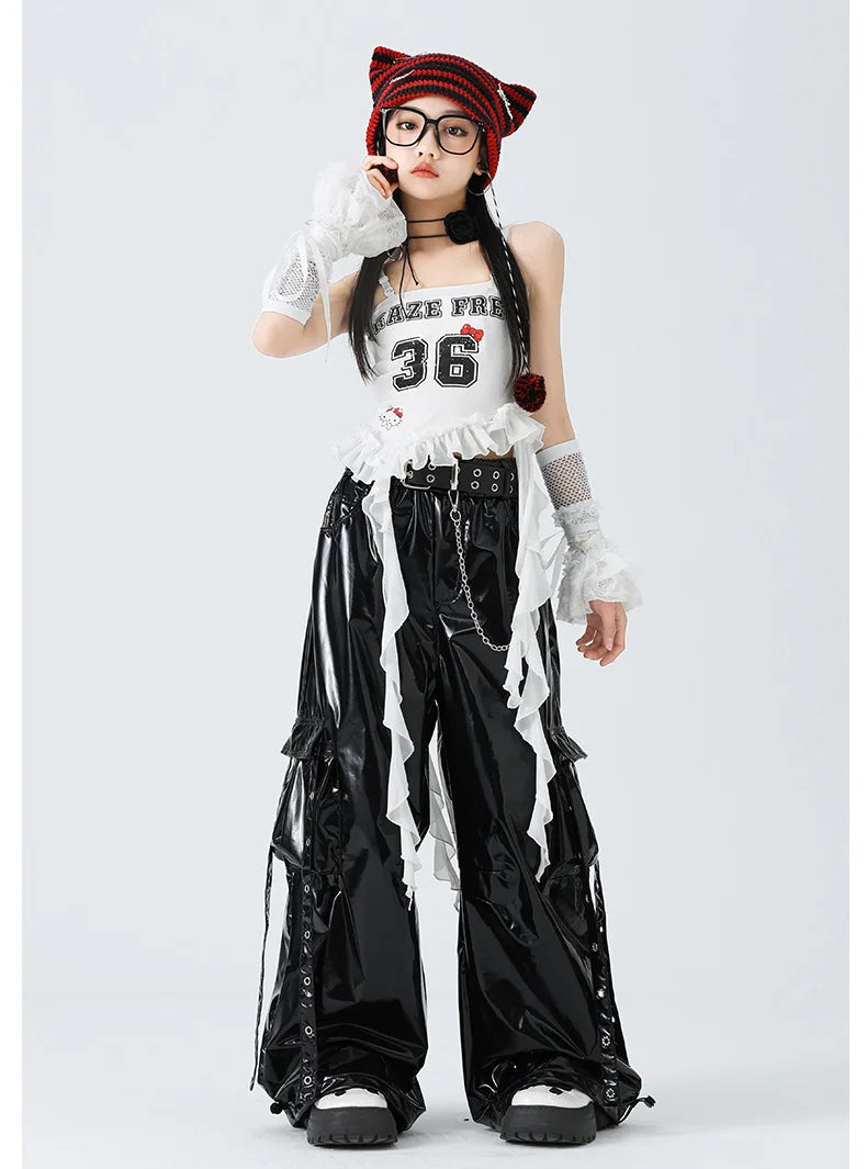 Costumes Girls Kpop Stage Performance Wear Black Bright Leather Shuffle Pants White