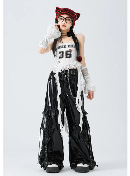 Costumes Girls Kpop Stage Performance Wear Black Bright Leather Shuffle Pants White