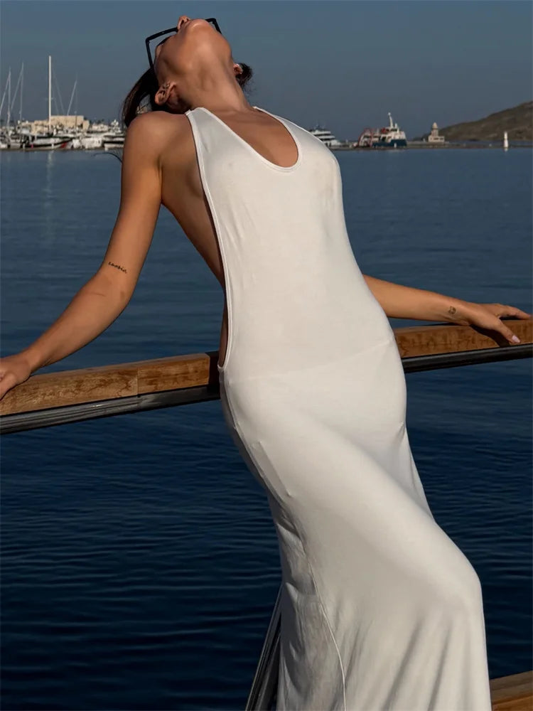 Backless Maxi Dress Open Back Spaghetti Strap Gold Ring Evening Party Gown Summer Beach Dress