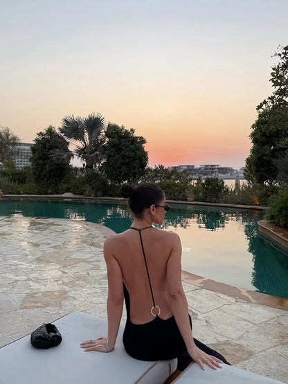 Backless Maxi Dress Open Back Spaghetti Strap Gold Ring Evening Party Gown Summer Beach Dress