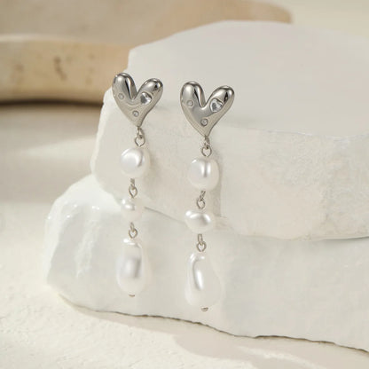 French Baroque Pearl Long Fringe Stainless Steel Earrings