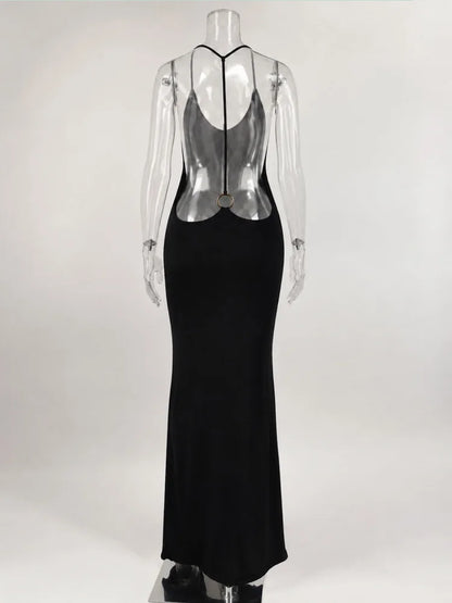 Backless Maxi Dress Open Back Spaghetti Strap Gold Ring Evening Party Gown Summer Beach Dress