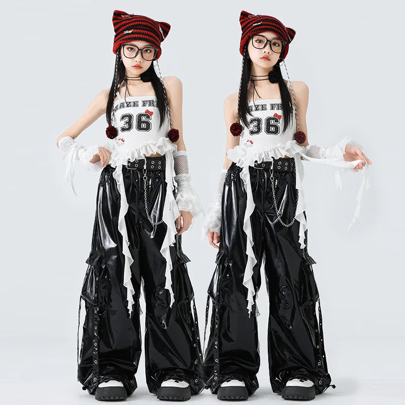 Costumes Girls Kpop Stage Performance Wear Black Bright Leather Shuffle Pants White