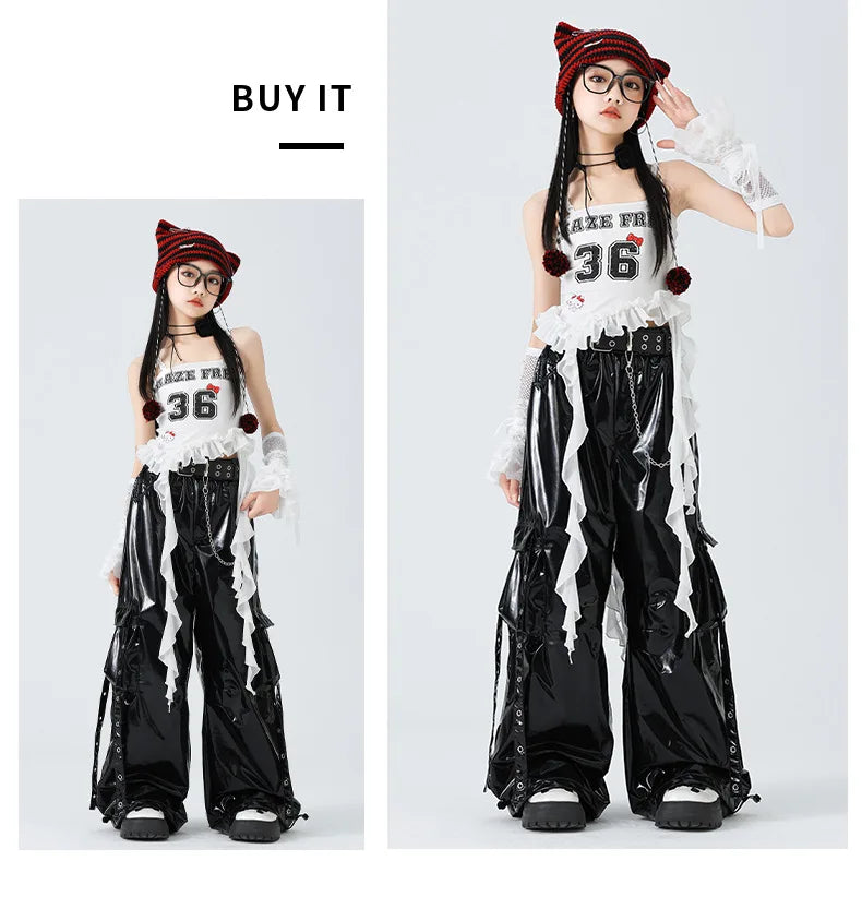 Costumes Girls Kpop Stage Performance Wear Black Bright Leather Shuffle Pants White