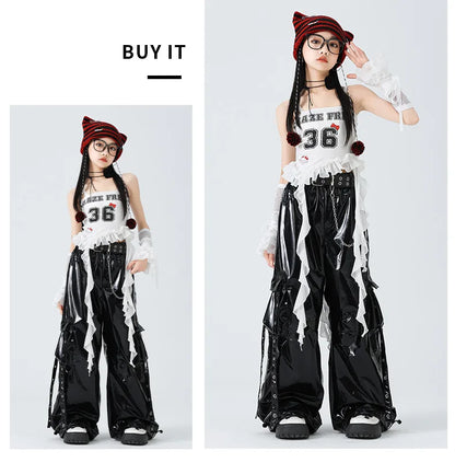 Costumes Girls Kpop Stage Performance Wear Black Bright Leather Shuffle Pants White