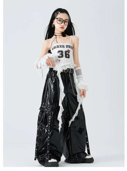 Costumes Girls Kpop Stage Performance Wear Black Bright Leather Shuffle Pants White