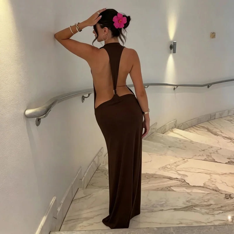Backless Maxi Dress Open Back Spaghetti Strap Gold Ring Evening Party Gown Summer Beach Dress