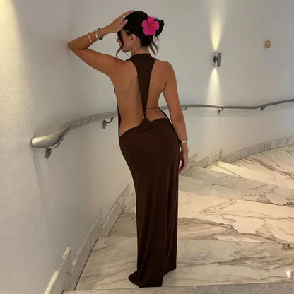 Backless Maxi Dress Open Back Spaghetti Strap Gold Ring Evening Party Gown Summer Beach Dress
