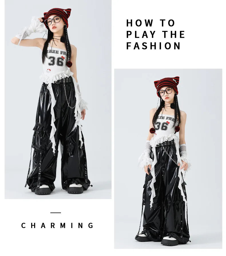 Costumes Girls Kpop Stage Performance Wear Black Bright Leather Shuffle Pants White