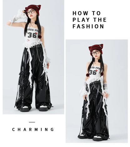 Costumes Girls Kpop Stage Performance Wear Black Bright Leather Shuffle Pants White