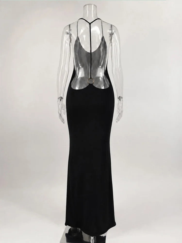 Backless Maxi Dress Open Back Spaghetti Strap Gold Ring Evening Party Gown Summer Beach Dress