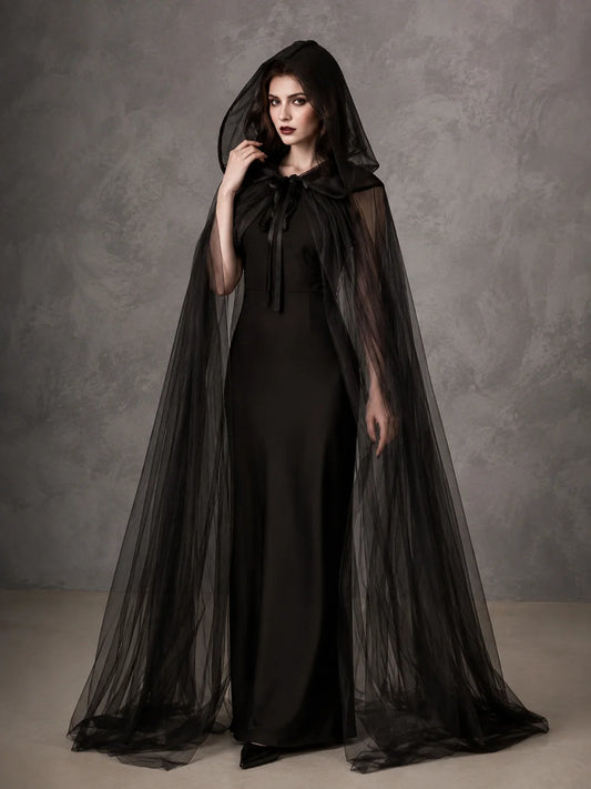 Sheer Tulle Hooded Full Length Cape Gothic Cloak Halloween Witch Costume