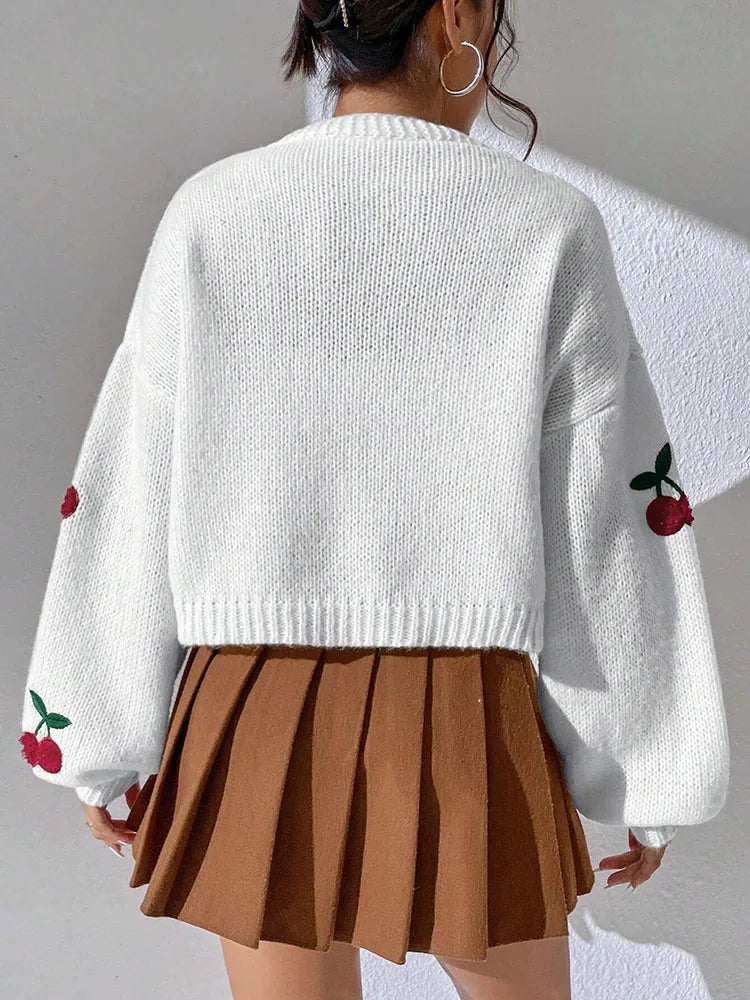Women Loose Fit Heavyweight Knit Cardigan Cartoon Embroidered Winter Jacke