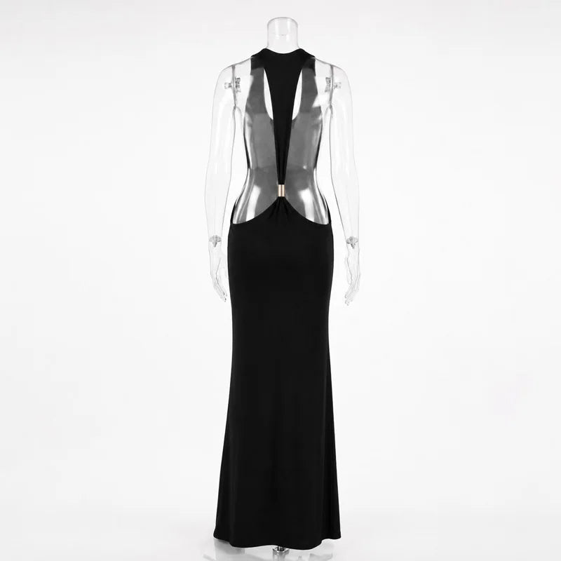 Backless Maxi Dress Open Back Spaghetti Strap Gold Ring Evening Party Gown Summer Beach Dress