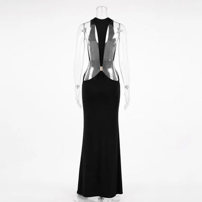 Backless Maxi Dress Open Back Spaghetti Strap Gold Ring Evening Party Gown Summer Beach Dress