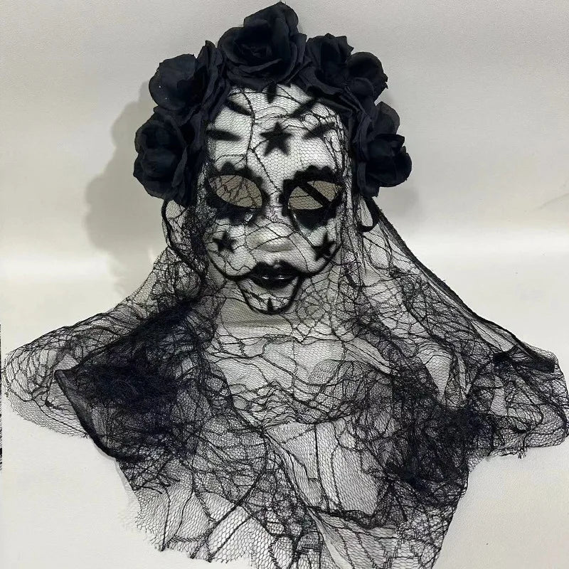Gothic Bride Skull Mask, Black Veil & Rose Decorated Full Face Mask for Halloween, Cosplay and Party