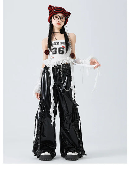 Costumes Girls Kpop Stage Performance Wear Black Bright Leather Shuffle Pants White