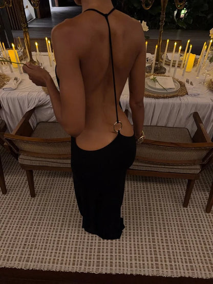 Backless Maxi Dress Open Back Spaghetti Strap Gold Ring Evening Party Gown Summer Beach Dress