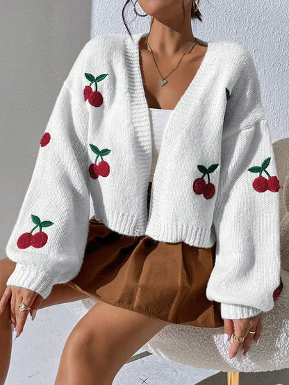 Women Loose Fit Heavyweight Knit Cardigan Cartoon Embroidered Winter Jacke